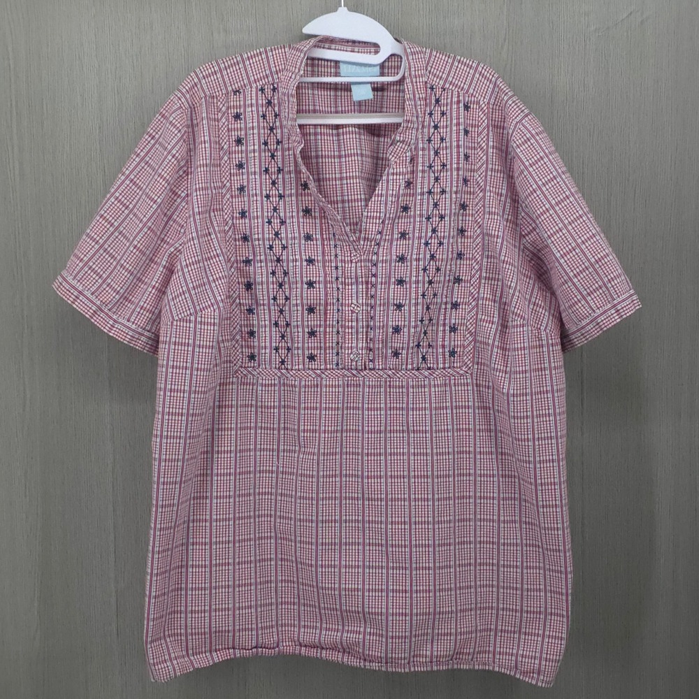 Liz & Me Plaid Embroidered Red Cotton Tunic Blouse Cottagecore Womens 2X